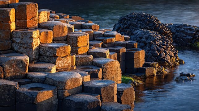 Coastal landscape showcases unique geological formations of hexagonal basalt columns, reflecting golden sunlight. Water surrounds the stone