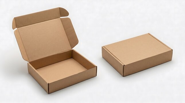 Open and closed blank brown cardboard mailer boxes mockup, isolated on a white background for e-commerce, shipping, and sustainable packaging design.