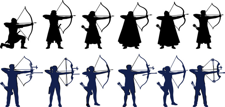 Archer and Bowmen Silhouette Vector Set Featuring Medieval and Modern Athletes Aiming Bows and Arrows for Archery Sports and Hunting Graphics