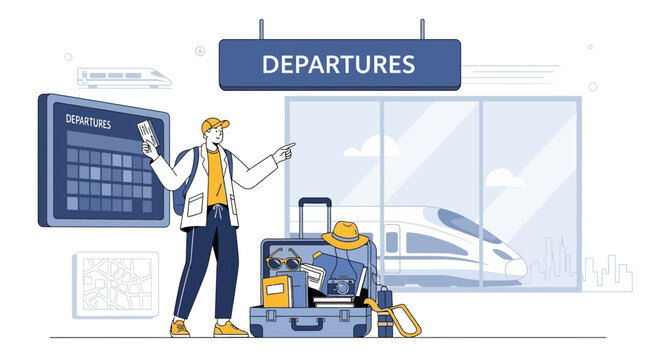 Young Traveler at Train Station Departures with Suitcase and Board