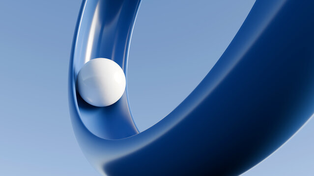 3D render of a glossy white sphere rolling inside a curved blue ring structure against a clear sky background. Minimalist abstract geometric design concept