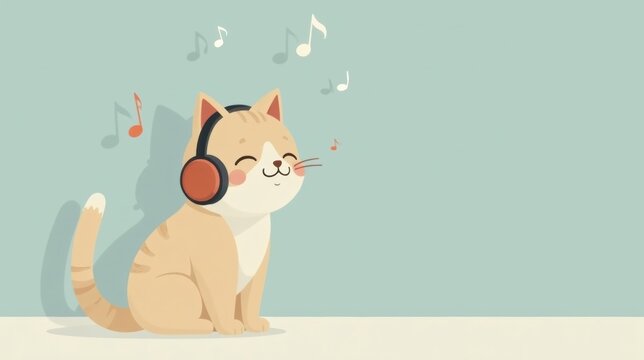 A Happy Feline Enjoys Melodious Tunes Through Headphones, Serene and Content in a Peaceful Setting