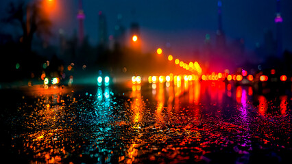 Fototapeta premium 雨の夜の街で濡れた路面に反射する色鮮やかな光の玉ボケ