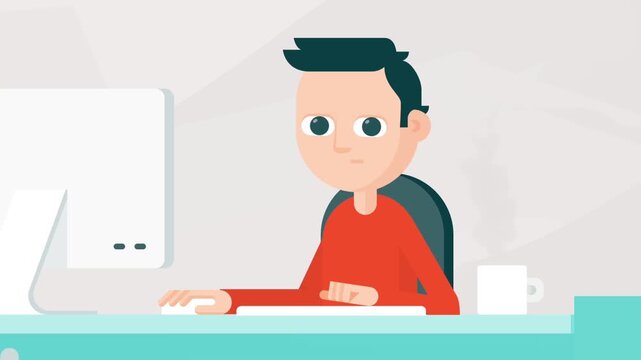 2D Animated Young Male Employee Character Sitting at Workspace Desk and Typing on Desktop Computer Monitor, Corporate Digital Office Video