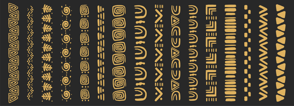 Tribal African folk border, golden ethnic motif hand drawn doodle set on dark background. Tribal vertical geometric design. Aztec art dividers, trendy boho separators.