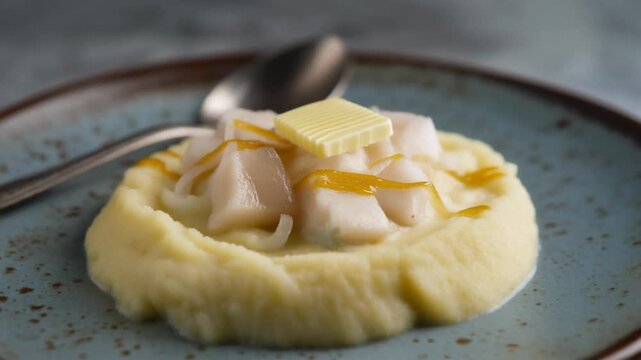 Gourmet White Fish Pieces over Mashed Potatoes with Butter and Sauce