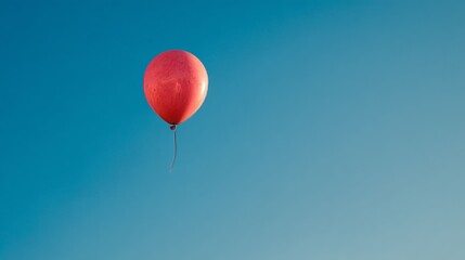 Fototapeta premium A solitary red balloon floats high in a clear, azure sky with its string trailing below