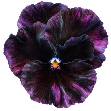 Velvet pansy deep purple petals with golden center and delicate veins isolated on white background