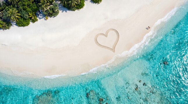 Aerial View of Heart Shape Drawn on White Sand Tropical Beach with Turquoise Ocean Water and Palm Trees