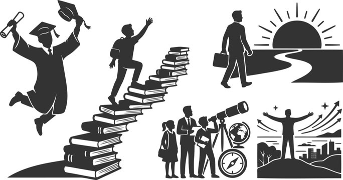 Success and education achievement icons featuring graduates and career development in black silhouette vector style