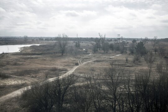 View of a contaminated area from a train that takes the workers of Slavutych to Chernobyl through a stretch of Belarussian territory, in Chernobyl they dismantle the reactor and build the so-called "ark", Ukraine