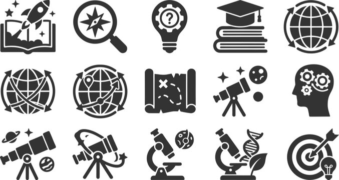 Scientific research and exploration icons with globes and laboratory equipment in black silhouette vector style