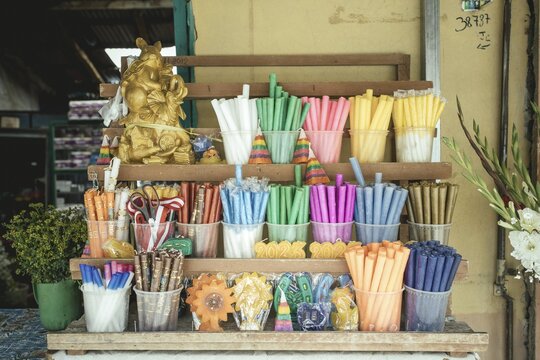 Different coloured candles, devotional shop, Chongos Bajos, Chupaca, Jun&iacute;n, Peru