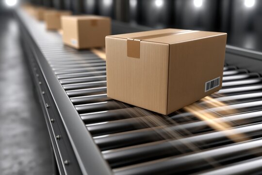 Cardboard boxes moving along a conveyor belt in a modern warehouse or distribution center.