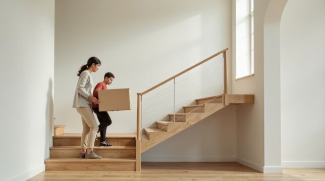 A family collaboratively carries a cardboard box up a wooden staircase in a contemporary home