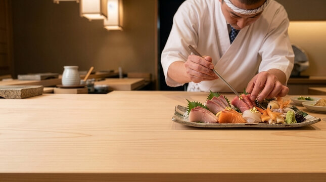 Wide Angle POV of Master Chef Garnishing Sashimi at Hinoki Counter