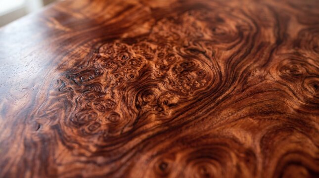 Close-up of a highly figured burl wood grain with swirling patterns and rich brown tones.