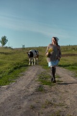 Fototapeta premium Woman walking along a dirt path with a cow in a lush green field under a blue sky during a sunny day