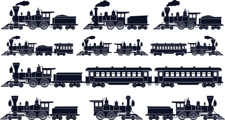 Vintage Steam Train Collection Illustration with Classic Railway Locomotive Silhouettes and Historic Transport Elements © Shahinur