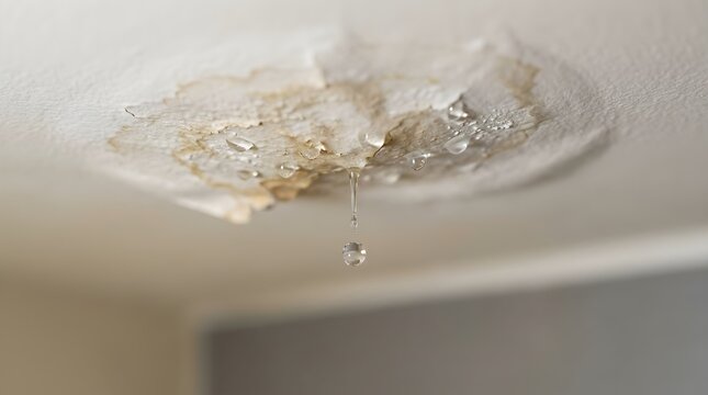 Water leaking from ceiling with damaged plaster and paint