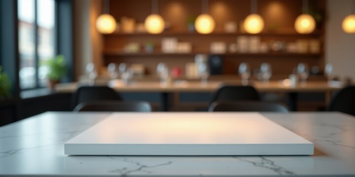 Clean White Display Platform on Marble Table in a Modern Restaurant Setting