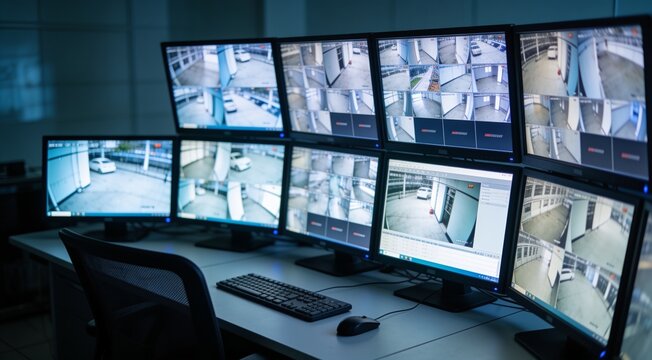Empty security control center with CCTV monitoring screens and workstation setup