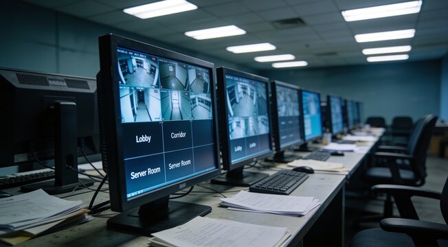 Modern observation room featuring multiple desktop monitors and video surveillance systems
