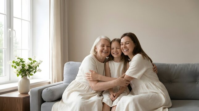 Happy three generations of women smiling and hugging on sofa in cozy living room at home