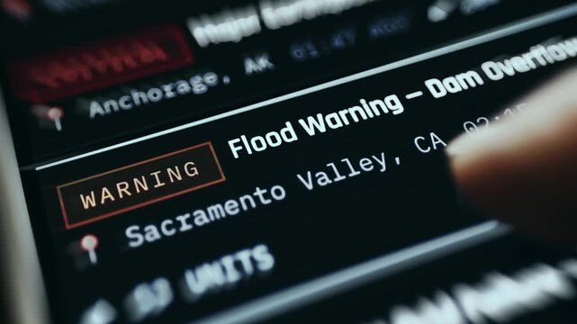 Emergency broadcast interface displaying a flood warning