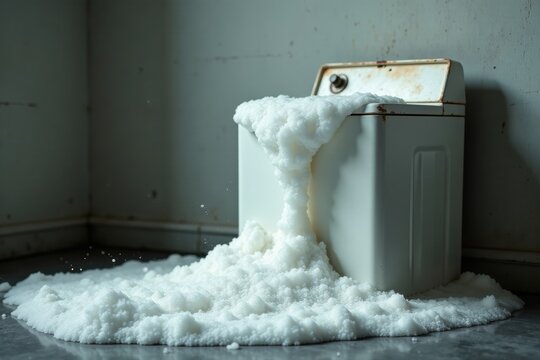 An Overflowing Appliance A Surreal Scene of White Foam Erupting from a Vintage Machine