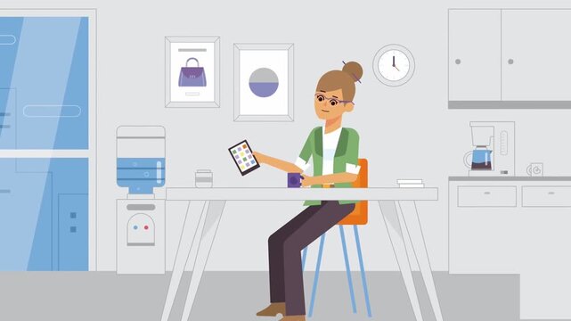 2D Animated Young Female Character Sitting at Dining Table working on Smartphone Device in Modern Home Kitchen Interior, Remote Work Video