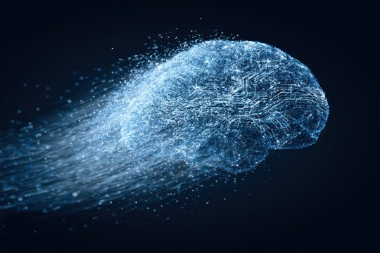 Abstract digital brain with glowing circuits and particles moving at high speed, representing artificial intelligence.