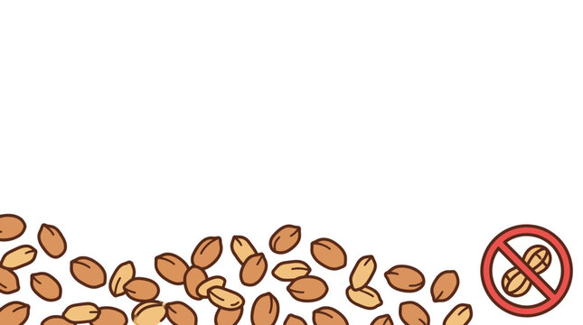 A collection of scattered peanuts with a no peanut allergy warning sign.