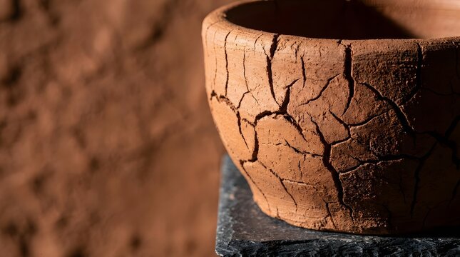 Close up of cracked clay pot drying on stone base with textured mud wall background pottery craft