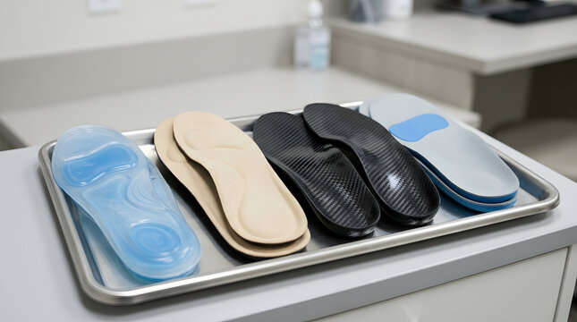 Pair of custom orthopedic insoles placed on a metal clinical tray in a medical clinic