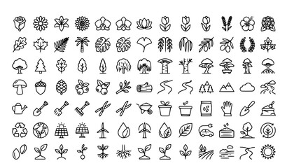 Fototapeta premium Nature and Plant Line Icon Set Editable Stroke Botanical Vector Collection