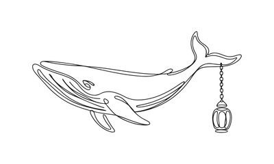 Continuous single line of a large whale swimming with a hanging decorative lantern attached to its tail fin, isolated on a white background, minimalist style © KDP Coloring Pages