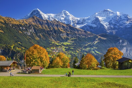 Mountain inn in the hamlet of Sulwald with views of Wengen, Eiger 3967m, M&ouml;nch 4110m and Jungfrau 4158m in autumn, Isenfluh, Lauterbrunnental, Bernese Oberland, Canton of Bern, Switzerland