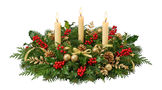 Christmas advent wreath with three burning candles isolated on transparent background