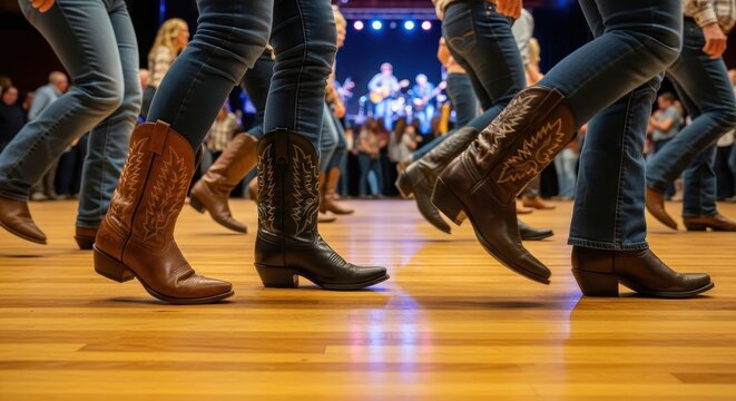 People line dancing in cowboy boots on a wooden floor at a country music event.