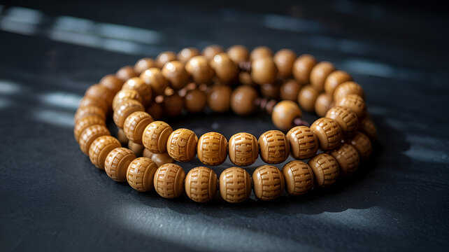 Mala beads made from sandalwood in soft directional light on a textured surface symbolizing meditation and spirituality