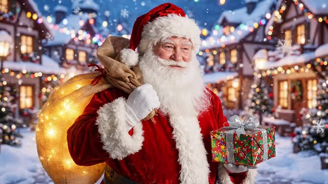 Joyful Santa Claus Delivers Christmas Presents in Enchanting Snowy Holiday Village