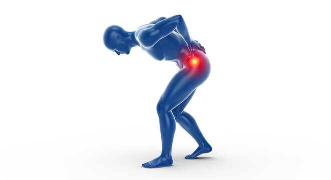 A blue, animated human figure bends forward with their head down, exhibiting a posture of intense pain in their lower back and hip region.