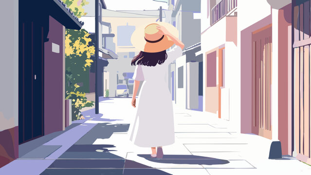 麦わら帽子を被り路地を散歩する女性_1920x1080px