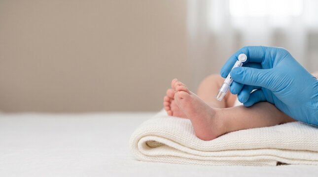 Gloved clinician preparing newborn heel prick test with safety lancet, close-up neonatal blood screening on baby&rsquo;s foot in soft maternity clinic setting.