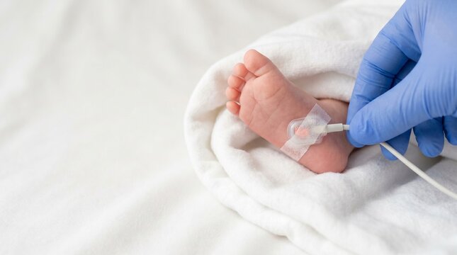 Newborn foot with a pulse oximeter sensor during neonatal monitoring as a gloved clinician adjusts the medical cable in a hospital setting.