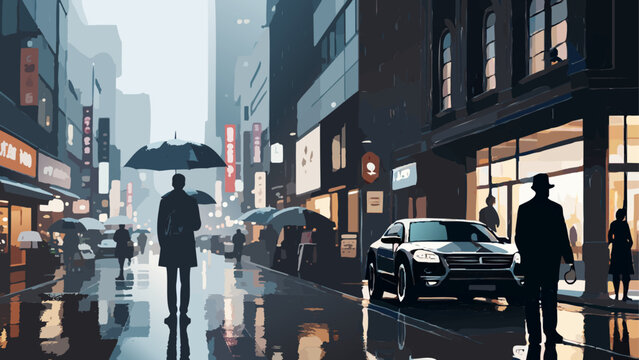 哀愁ある雨の街で傘をさす男性_1920x1080px
