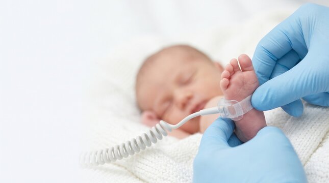 Sleeping newborn baby with a pulse oximeter sensor on the foot while a gloved clinician monitors oxygen saturation in neonatal care.