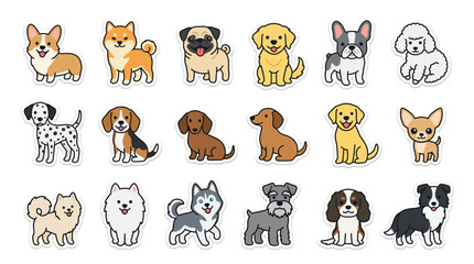 Fototapeta premium Cute Dog Breeds Collection: Cartoon Style Stickers and Illustrations