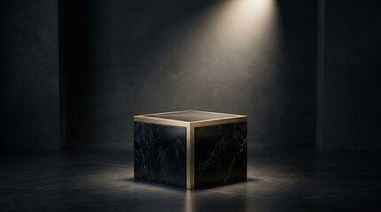 Fototapeta premium Luxury Black Marble Cube Podium with Gold Trim Under Spotlight